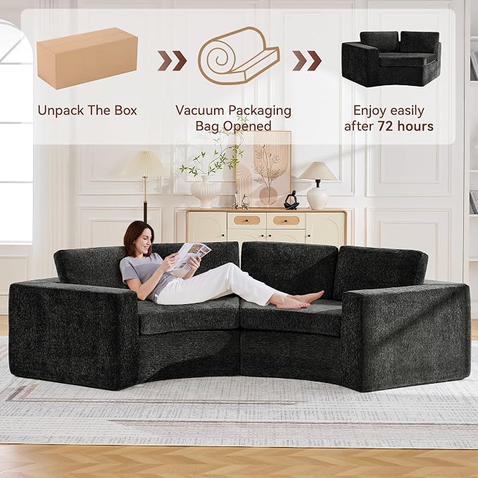 WUTUTUEE 119'' Curved Round Boneless Sofa, Oversized Modular Sectional Sofa with Deep Seat & Arms, Chenille Memory Foam Sofa with Pillows, Upholstered Comfy 4 Seat Couch for Living Room, Black