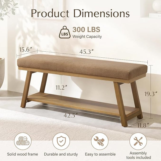 Zihanhome 45" Entryway Bench Upholstered Storage Bench for Bedroom Shoe Rack Bench for Living Room, Hallway, Mudroom, Balcony, Sturdy Indoor Bench Seat Holds Up to 300 lbs (Brown)