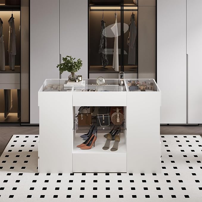 Kikihouse Modern Closet Island with 10 Drawers, LED Wardrobe Armoire Island with Glass Top, Luxury Walk-in Closet Island Storage Cabinet with Display Shelf for Cloakroom, Dressing Room (White)