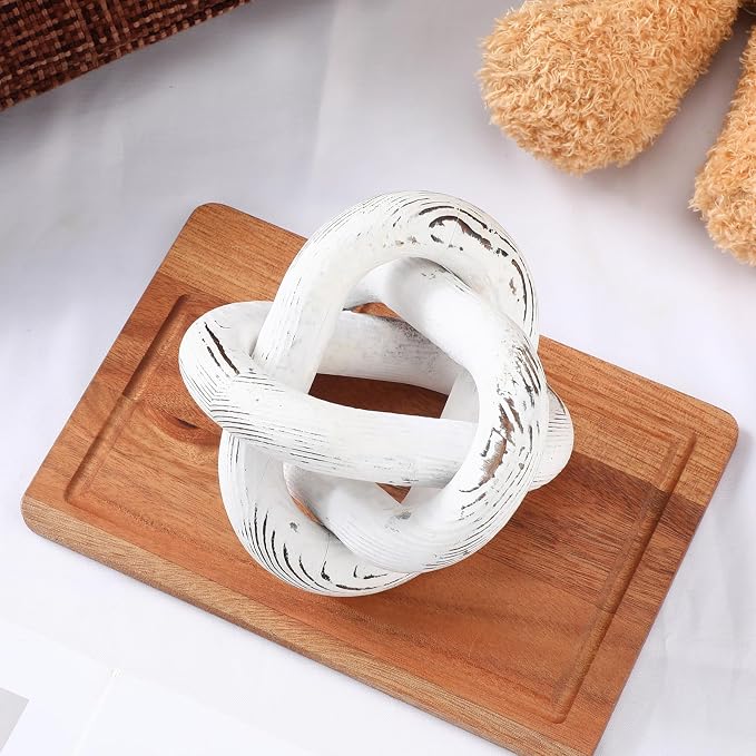 Yalikop 3 Link Wood Knot Decor Rustic Home Décor Accents Hand Carved Coffee Table Decoration, Boho Chain Link Decoration, Modern Shelf, Rustic Objects for Home Living Room Bedroom(Retro White)