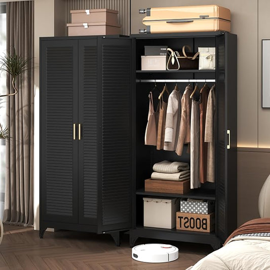 SteeLoong 71" Metal Wardrobe Cabinet with Hanging Rod, Armoire Wardrobe Closet with Doors and Adjustable Shelves, Black Clothing Storage Cabinets for Bedroom Office,School,Hospital