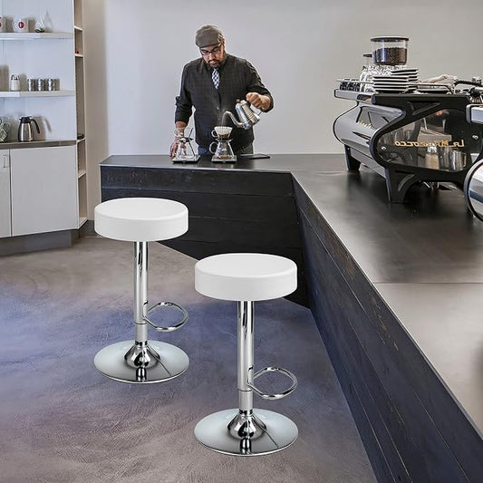 Finnhomy Bar Stools Set of 2 Modern PU Leather, Swivel Barstools with Footrest and Backless Round, Counter Height Adjustable Modern Counter stools for Kitchen, White