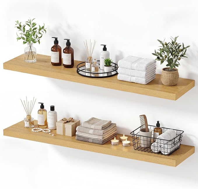 Vivelove 10" Deep Floating Shelves with Invisible Brackets, 40" Wall Shelves for Bathroom Bedroom Kitchen Living Room Laundry Room, Modern Rustic Shelves for Home Decor, 40"x10.2"x1.5", Set of 2, Oak
