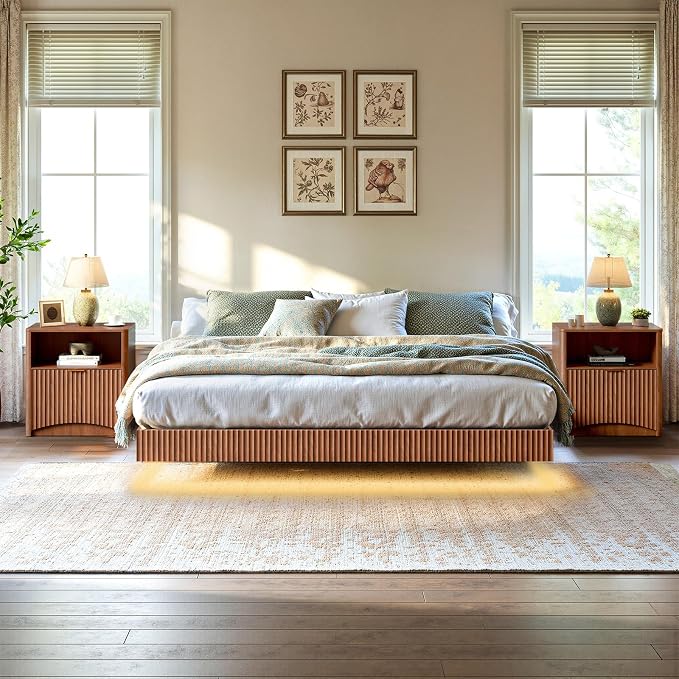 Evermagin Bedroom Furniture Set-Bed with 2 Nightstands, Mid Century Modern Bedroom Set, Floating Bed Frame Led Lights, Fluted Floating Room Furnitures, 3-Piece Room Set (Wal, King)