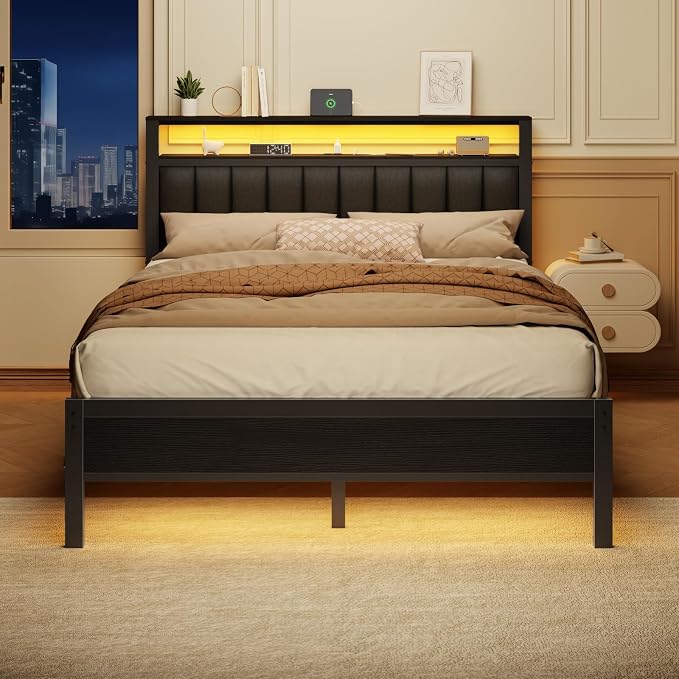 Furnulem Queen Size Bed Frame with Charging Station and LED Lights, Platform Bed with Metal Slats, Grey Upholstered Headboard with 2-Tier Storage Shelves, No Box Spring Needed