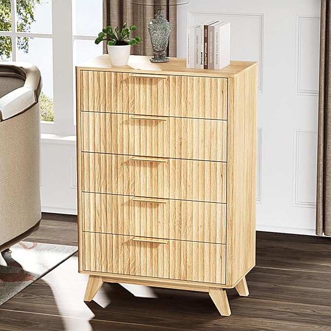 VINGLI Tall Dresser for Bedroom, Fluted Dresser Vertical Chest of Drawers, Tall Chest of Drawers Bedroom with Rounded Edges, 29.92" W*15.6" D*44.88" H