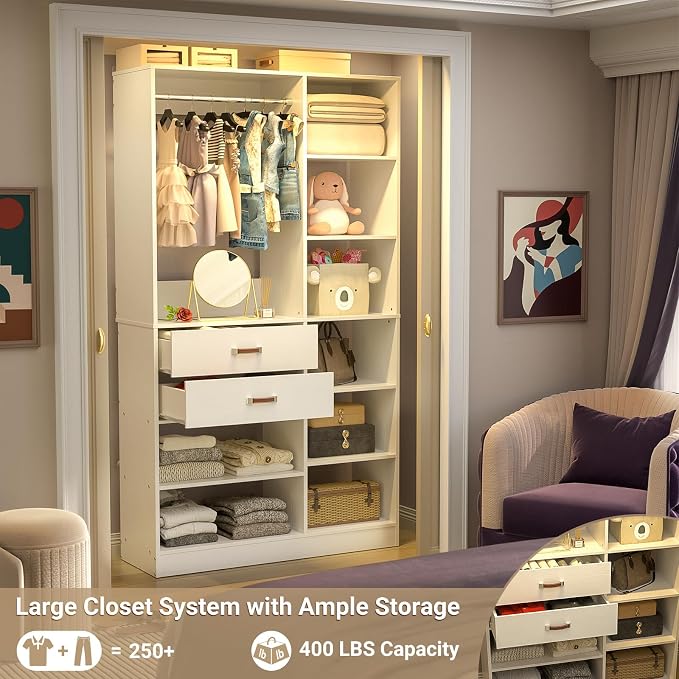 Armocity Freestanding Closet System, 40 Inches Stand-Alone Wardrobe with 10 Shelves, 80'' Height Adjustable Cloth Garment Rack with 2 Wood Drawers, Wood Walk-in Closet with Hanging Rod, White