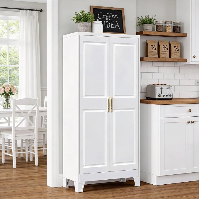 61.4" H Metal Pantry Cabinet with 3 Adjustable Shelves, Kitchen Pantry Cabinet with 2 Doors, Freestanding Food Cabinet for Kitchen, Home, Assembly Required, White