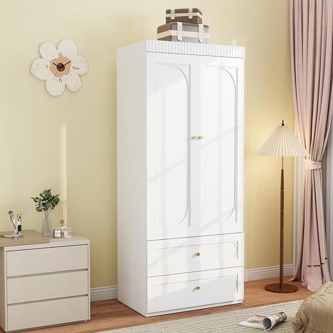 Wooden Wardrobe Closet with Doors: 75" Tall White Armoire Wardrobe Closet with 2 Drawers and 2 Doors, Modern Clothes Cabinets for Bedroom Armoires with Hanging Rod (2-Drawers, 31.5")