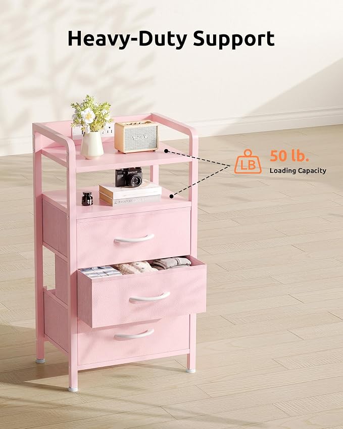 Lazzanto Night Stand Bedside Charger Bedroom - Nightstand with Charging Station & LED Light Strip, Night Stand with Storage Shelf & 3 Fabric Drawers, Morden End Table with USB Ports&AC Outlets,Pink