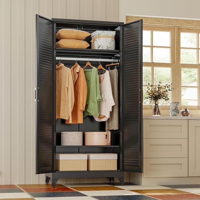 71" Louvered Black Metal Storage Cabinet with Doors and Shelves, Steel Armoire Wardrobe Closet with Sturdy Hanging Rod for Home Office Bedroom, 18" Deep