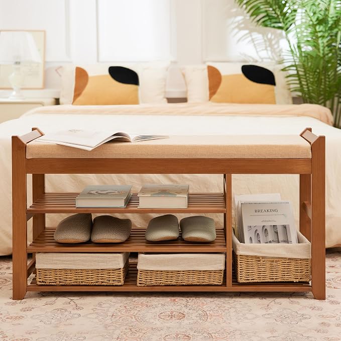 PETKABOO Shoe Rack Bench with Cushion 39.4“, Shoe Rack for Front Door Entrance, Shoe Bench with Storage for Entryway Hallway Bedroom Living Room