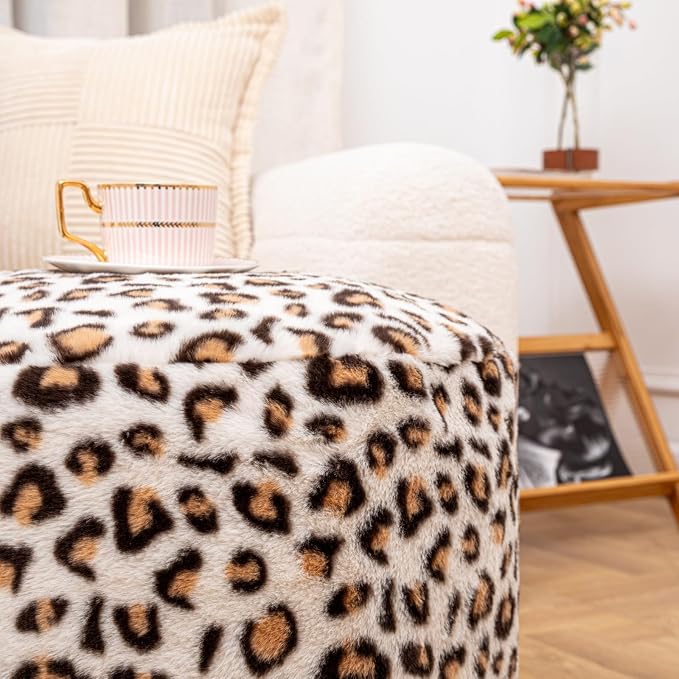 Round Pouf Ottoman 20 x 20 x 14 Inches Boho Poof Home Decor Floor Pouffe Ottoman Foot Rest for Couch Sofa Bean Bag Chairs Living Room Bedroom (Leopard Print)
