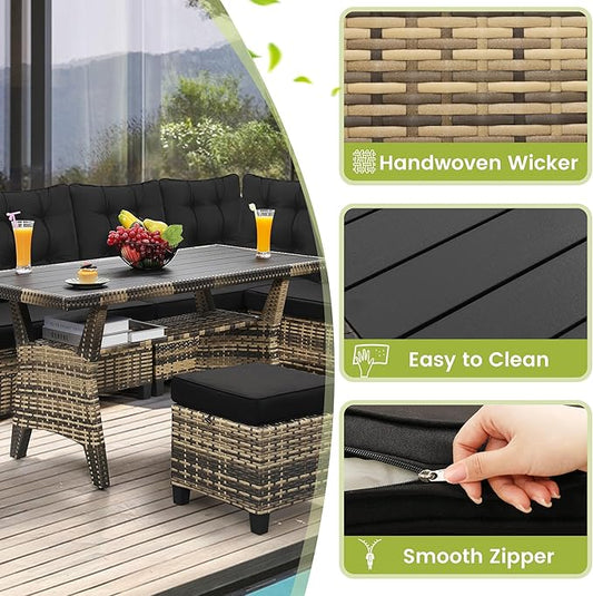 KROFEM 6-Piece Patio Furniture Set, Outdoor Sectional Sofa with Dining Table & Chairs, All-Weather Dining Set with Removable Cushion Covers, Ideal for Garden, Porch, Backyard, Black