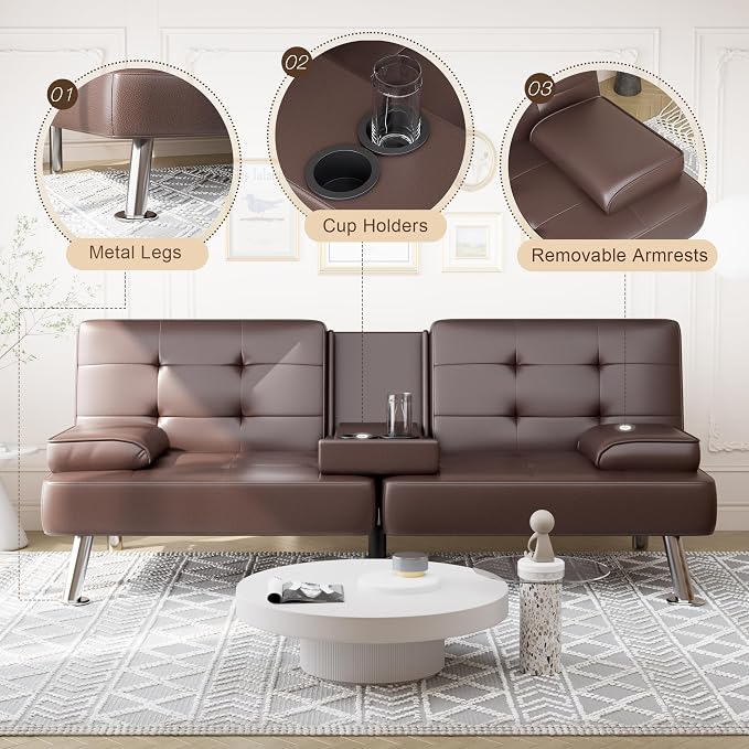 Shahoo Convertible Folding Futon Sofa Bed Sleeper Couch for Living Room Faux Leather Upholstered Loveseat w/Removable Armrests, Metal Legs, 2 Cup Holders, Brown