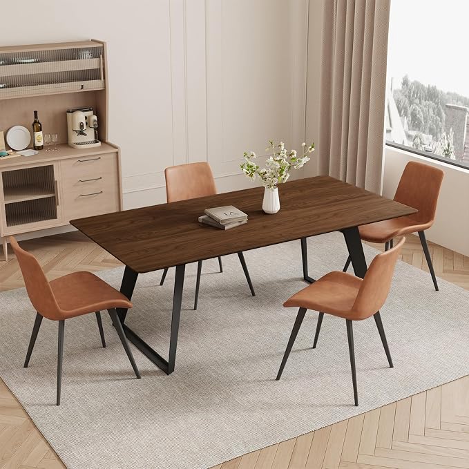 ZckyCine 63‑78.7 Inch Extendable Dining Table, Rectangular Tabletop with Black Metal Legs for 6‑8 People