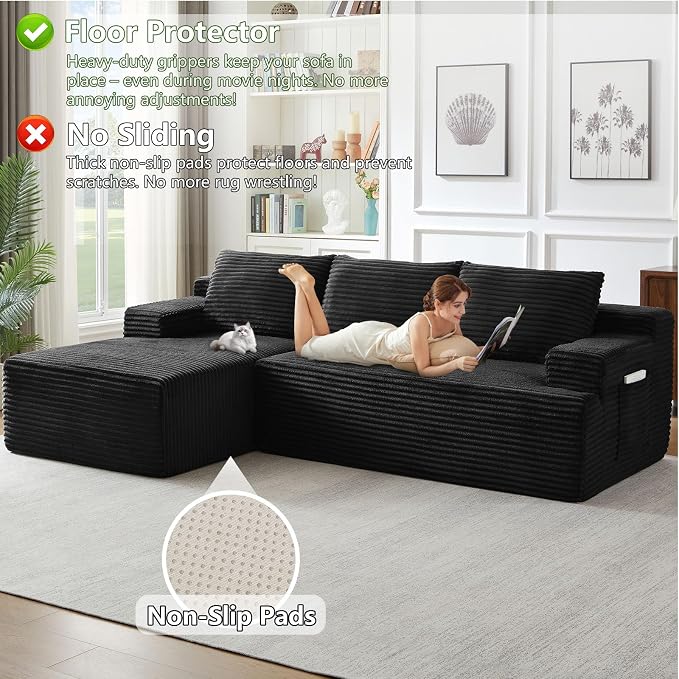 96" Modular Sectional Sofa, Modern Corduroy Cloud Couch with Side Pockets, Boneless Couch Upholstered 3-Seater L-Shaped Sofa for Living Room, No Assembly Required (Black, Left-Facing Chaise)