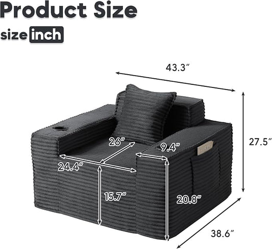 Boneless Sofa Couch with Cup Holders & Side Pockets, Modern Corduroy Fabric Deep Seat Single Cloud Couch for Reading Living Room Office, No Assembly (Grey)