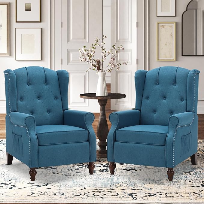 Wingback Recliner Chair with Massage and Heat Tufted Fabric Push Back Arm Chair, Recliner Chair for Living Room Bedroom Home Theater (2,Peacock Blue)