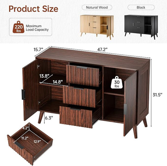47.2" Fluted Sideboard Buffet Cabinet with 3 Drawers, Walnut Modern Buffet Cabinet with Storage, Large Storage Cabinets with 2 Doors Accent Credenza for Living Room|Kitchen|Entryway