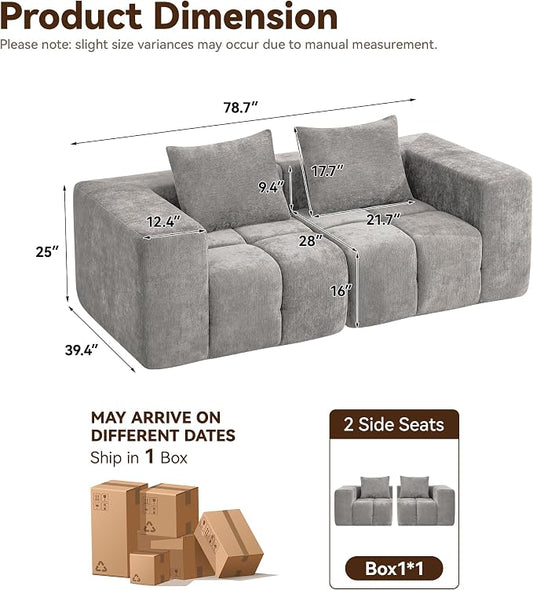 78.7" Loveseat Boneless Couch, Upholstered Cloud Love Seat with Deep Seat, Modular Sectional 2 Seater Memory Foam Sofas for Living Room Apartment Small Spaces, Oversized Tufted Sofa, Light Grey