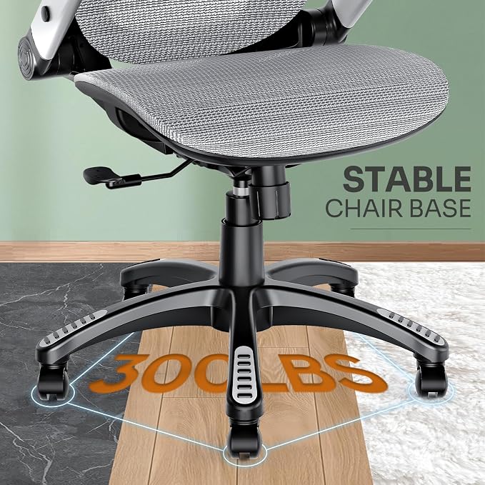 GABRYLLY Ergonomic Office Chair, High Back Home Desk Chair with Headrest, Flip-Up Arms, 90-120° Tilt Lock and Wide Cushion, Big and Tall Mesh Chairs for Man Woman, Grey Task Chair