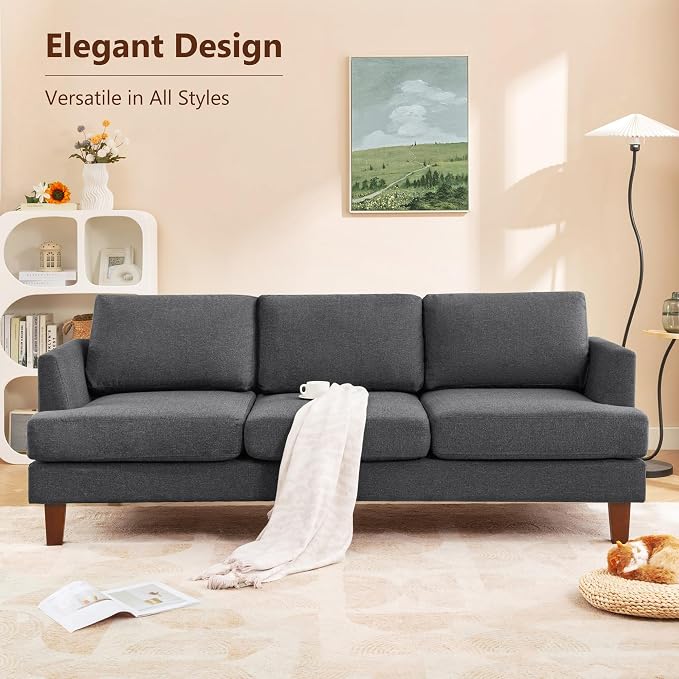 Busaurus 3 Seater Sofa Couch with Deep Seats, 89" Mid Century Modern Upholstered Sofa with Armrests, Comfy Couches for Living Room, Bedroom, Apartment and Office (Dark Grey)