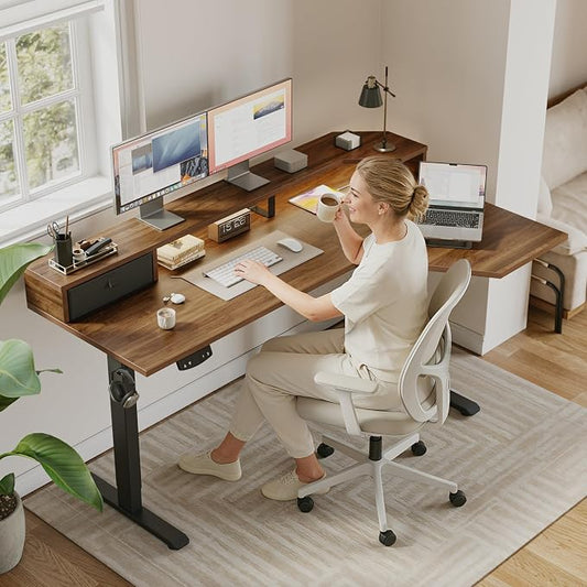Agilestic 63 Inch L Shaped Electric Standing Desk with Shelf, Height Adjustable Large Desk with Power Outlets & LED, Corner Sit Stand Up Table with Monitor Stand, Computer Workstation, Dark Walnut