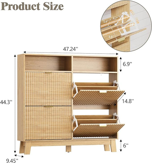HUANLEGO Shoe Cabinet Storage for Entryway with 4 Flip Drawers, Fluted Narrow Shoe Organizer with Wooden Legs & Top Cubby, Freestanding Slim Shoe Storage Hidden Shoe Rack for Front Door Entrance, Oak