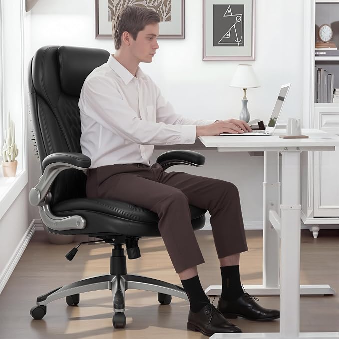 COLAMY High Back Executive Office Chairs, Ergonomic PU Leather Desk Chairs with Flip-Up Armrests, Adjustable Height, Lumbar Support, Comfortable Computer Chairs for Home Office, Set of 2