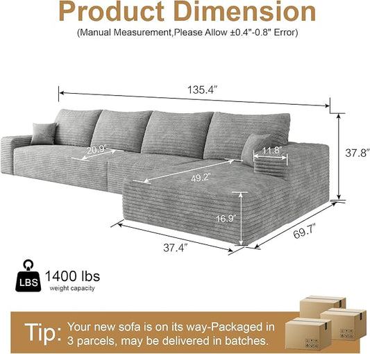 AUGOP 136" Sectional Couches for Living Room Modern Modular Sofa with L-Shape Couchs Upholstered Boneless Couch Deep Seat Sectional Couch with Chaise (Grey, Right Facing Chaise+3Seaters)