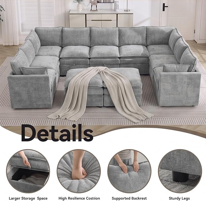 130" Light Grey Oversized Modular Storage Sofa, U Shaped Chenille Couch | Oversized Convertible Sectional Sofa, 9-Seat Sectional Couch With 2 Ottomans, Large Cloud Couch For Living Room, Apartment.
