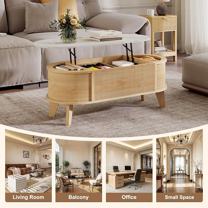 LYNCOHOME 43.3" Fluted Lift Top Coffee Table with Storage, White Faux Marble Top Center Table, Modern Oval Coffee Table for Living Room or Home Office(Elegant Light Oak, Natural)