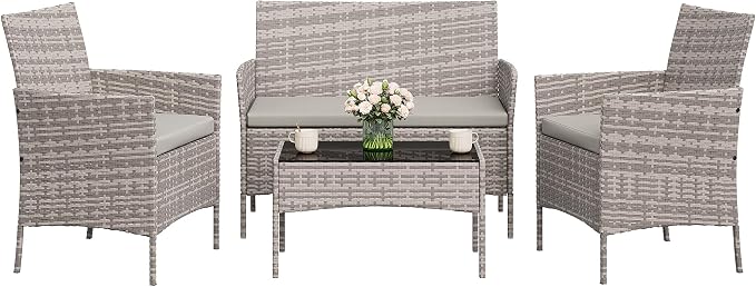4-Piece Outdoor Furniture Set, PE Rattan Wicker Chairs with Soft Cushions & Tempered Glass Coffee Table - All-Weather Patio Set for Garden, Backyard, Porch, Poolside (Grey)