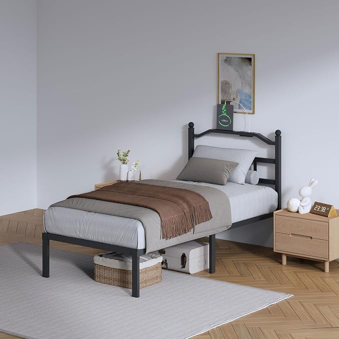 SHOANED Twin Size Bed Frame - 14 Inch Metal Heavy Duty Bedframe with Charging Station Black Basic Steel Slats Platform with Headboard No Box Spring Needed/Easy Assembly