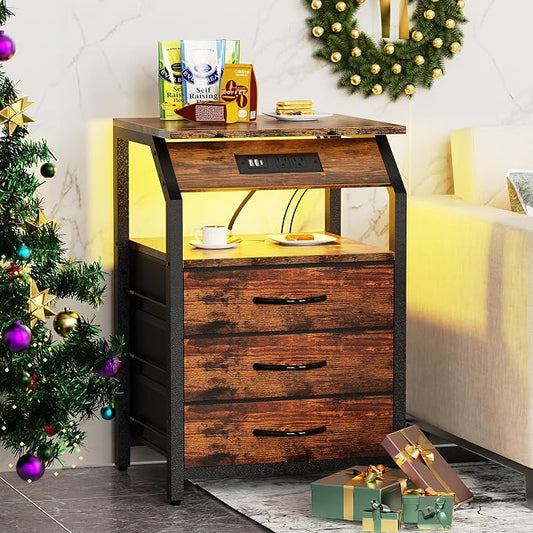 SZLHANJZ End Tables Set of 2, Nightstands with Charging Station and LED Lights, 3 Drawers Fabric Bedside Table, Storage Side Tables for Bedside, Living Room, Rustic Brown