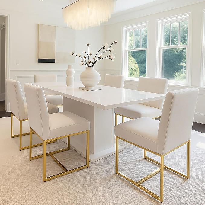 HNY Modern Dining Chairs Set of 6, Upholstered Linen Dining Room Chairs with Ergonomic Back & Polished Gold Metal Frame for Home, Kitchen, Apartment, Cream
