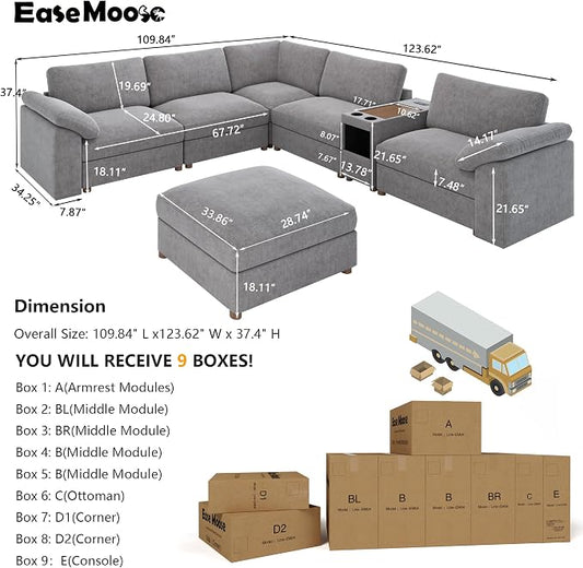 EASE MOOSE Modular Sofa,Oversized L Shape Sectional Sofa,Grey