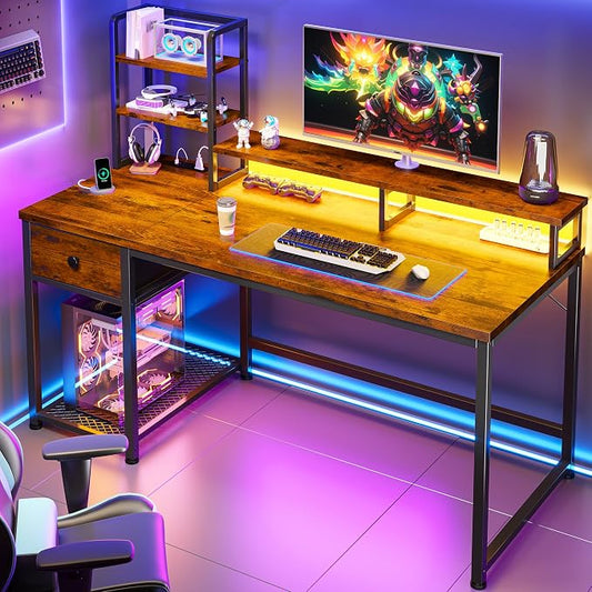 EnHomee 44 Inch Computer Desk with Hutch and Drawers,Reversible Home Office Desk with Monitor Shelf,Small Gaming Desks with USB Power Outlets,Writing Table for Office with LED Lights,Rustic Brown