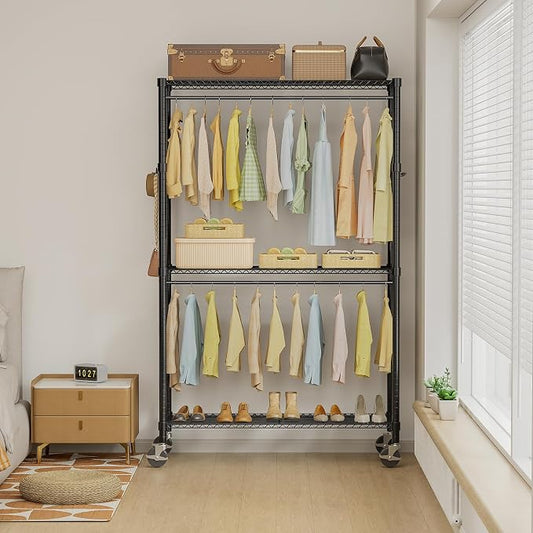 Simple Deluxe Rolling Clothes Rack, Heavy Duty Clothing Rack, 3-Shelf Portable Adjustable Wardrobe Closet with Wheels, Hanging Rods & Side Hooks, 43.3" W x 17.7" D x 80.3" H, Black