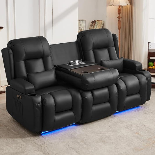 URRED Power Loveseat Recliner Sofa with Massage and Heat, Wall Hugger Reclining Loveseat with Console, RV Couch Home Theater Seating with LED Lights for Living Room (Black, 76.8" - 3 Seats)
