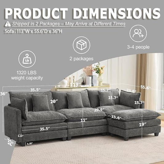 113” Modular Sectional Sofa, L Shaped Cloud Couch with Movable Ottoman, Comfy Chenille Deep Seat Sofa with Throw Pillows, 4 Seat Modern Couches for Living Room Bedroom Apartment, Grey