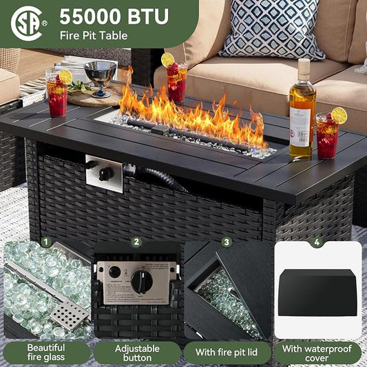 Aoxun 15 Piece Patio Furniture Set with 44” Fire Pit Table Wicker Rattan Patio Sectional Sofa Set Outdoor Seating Furniture with Thickened Cushion, Beige