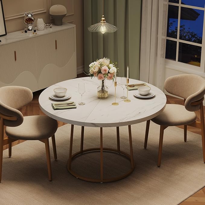 ONBRILL Round Dining Table, 47.24 Inch, Wooden Faux Marble with Gold Base, Circle Modern Small Table for Home Dining Room, Kitchen, Restaurant (White)