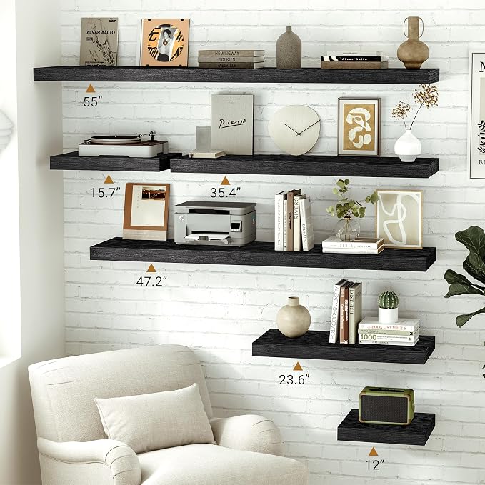Vivelove Black Floating Shelves 16 Inches Wide, 12" Deep Wall Shelves for Bedroom, Bathroom, Living Room, Kitchen, Office, Rustic Home Decor Shelf with Invisible Brackets, 15.7X12X1.5, Set of 2