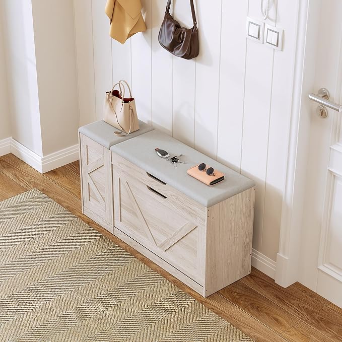 34" Storage Bench with Flip Drawers and Barn Doors, Adjustable Shelf, Flip-up Cabinet & Padded Cushion - Space-Saving Shoe Cabinet, Organizer for Entryway, Hallway, Bedroom