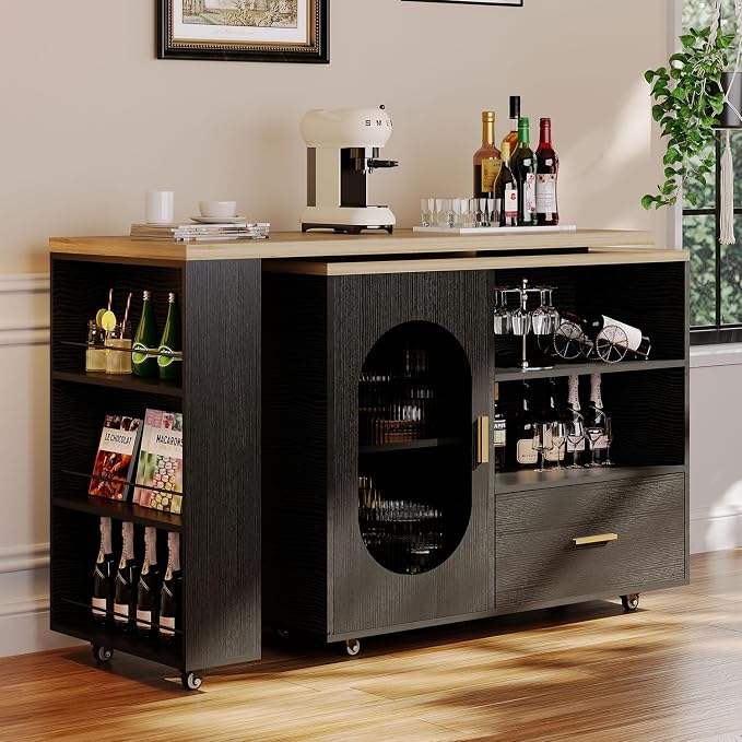 HSH 72" Rolling Kitchen Island with Seating, 360° Swivel Table, Kitchen Island with Storage Cabinet, Drawer & Shelves, Farmhouse Mobile Island Cart on Wheels for Dining Room & Home Bar, Black Oak