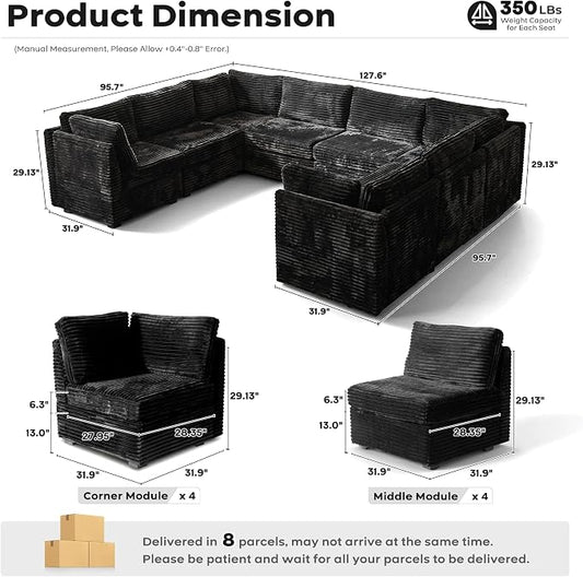 ovios Modular Sectional Sofa Couch with U-Shape Chaise Oversized, Comfy Plush Corduroy Cloud Couches, Modern Luxury Deep Seat Sofas Set for Living Room, 8-Seater, Black