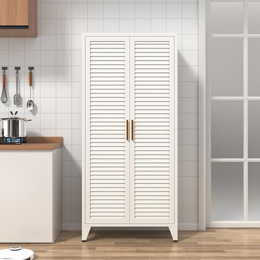 61" Tall White Kitchen Pantry Cabinet, Farmhouse Metal Pantry Storage Cabinets, with 2 Louvered Door and 3 Adjustable Shelves, Multipurpose Storage Organizer, for Home, Entryway, Kids Room