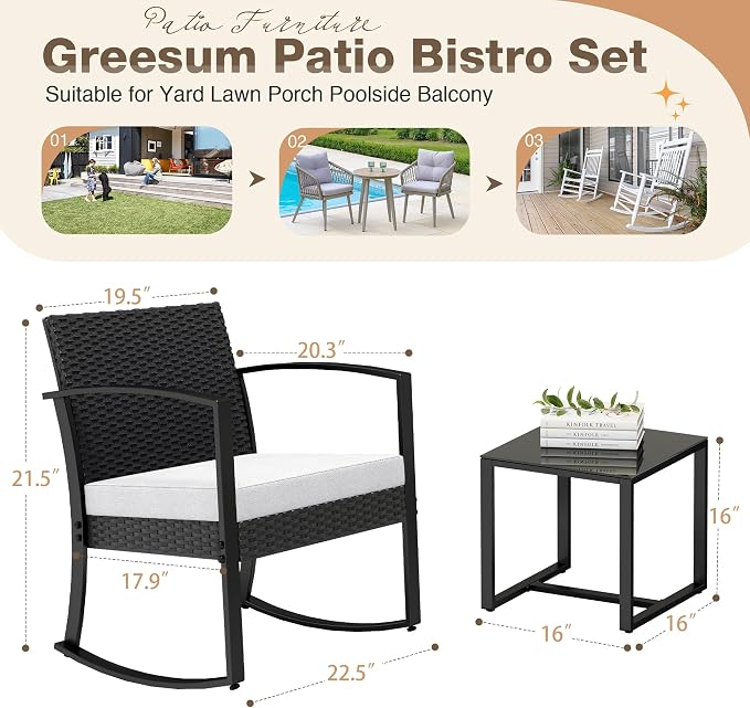 Greesum 3 Pieces Outdoor Furniture Set Patio Bistro Rocking Chairs with Glass Coffee Table for Pool Beach Backyard Balcony Porch Deck Garden, White
